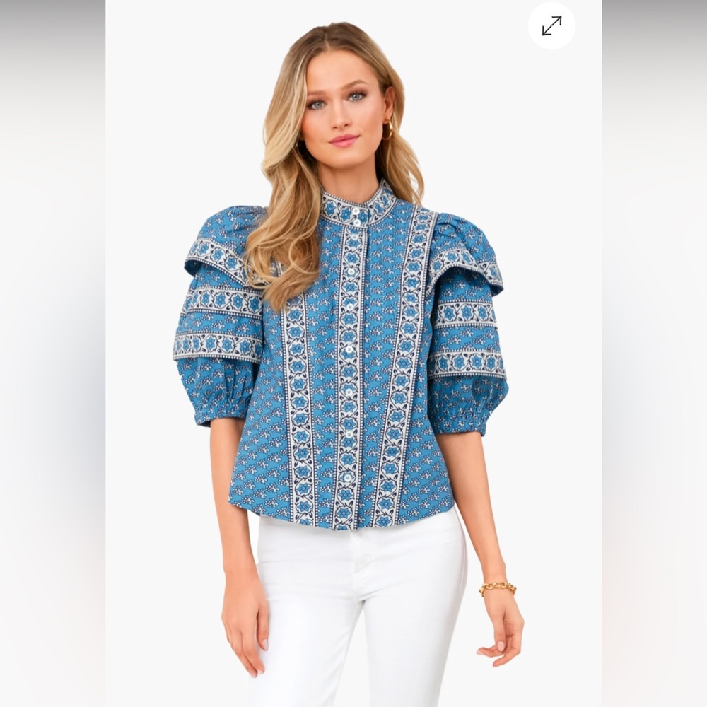 Sea New York Blue Printed Puff-Sleeve Button Front Blouse